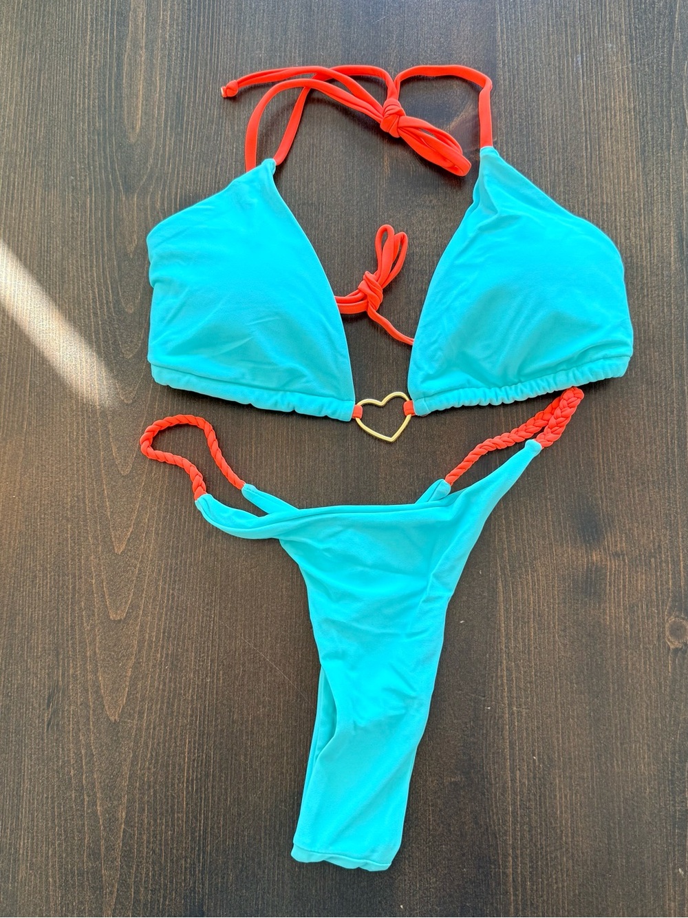 Blue & Orange Two-Piece String Bikini with gold heart ring - NEW size medium